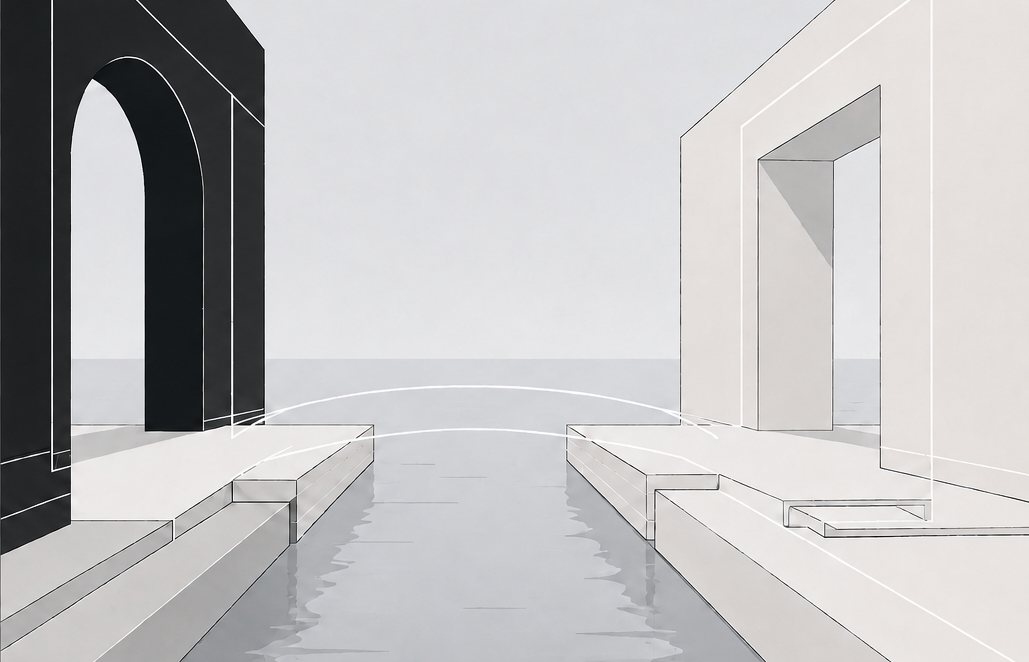 Charcoal and pale stone archways connected by a white line-art bridge