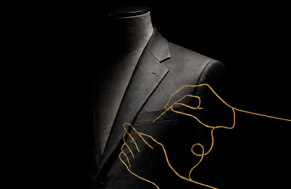 A jacket on a mannequin emerges from darkness, with gold line-art hands adjusting its lapel