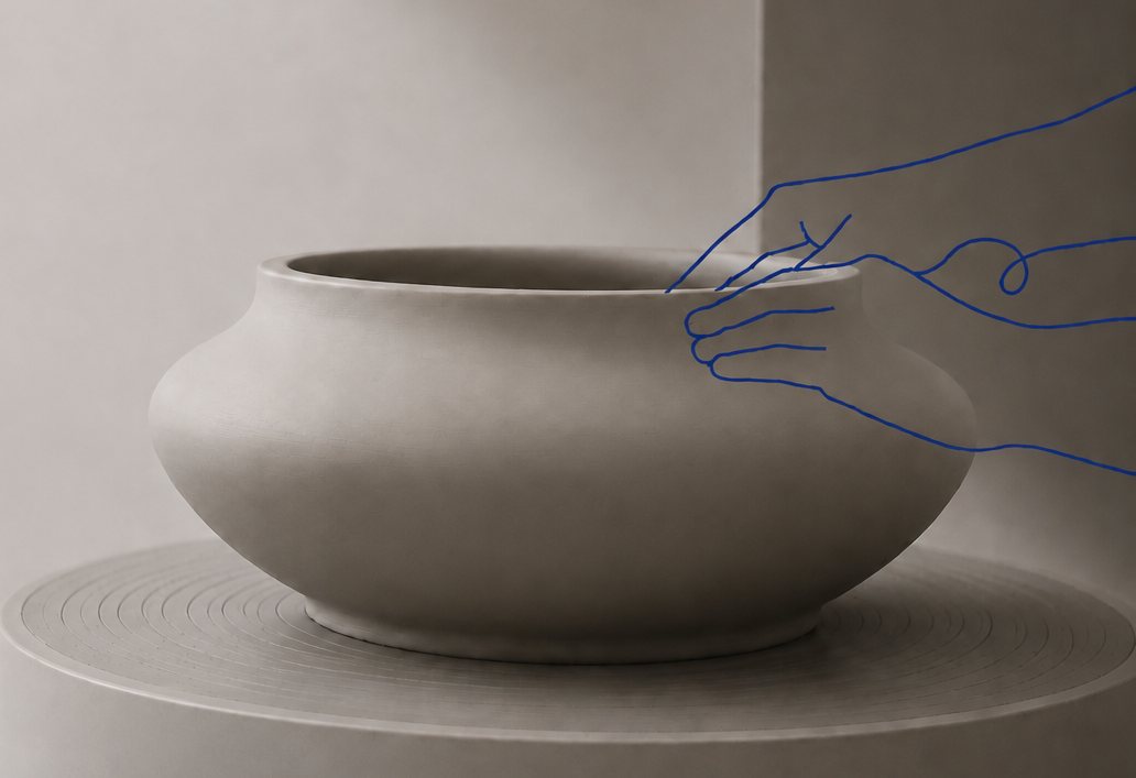 Royal-blue hand contours shape a clay vessel centered on a potter's wheel
