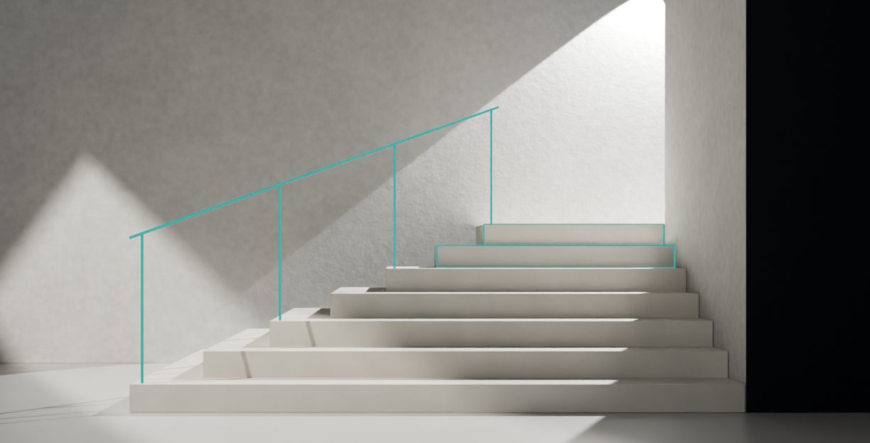 Sandstone steps rise towards a lit landing, guided by a teal handrail and teal step contours